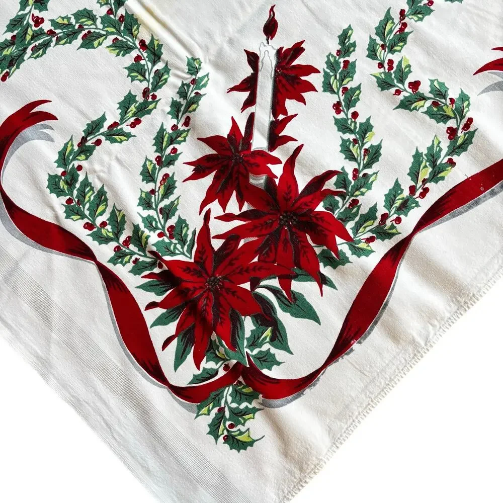 Vintage Christmas Tablecloth printed cotton white red poinsettias holly FLAWS